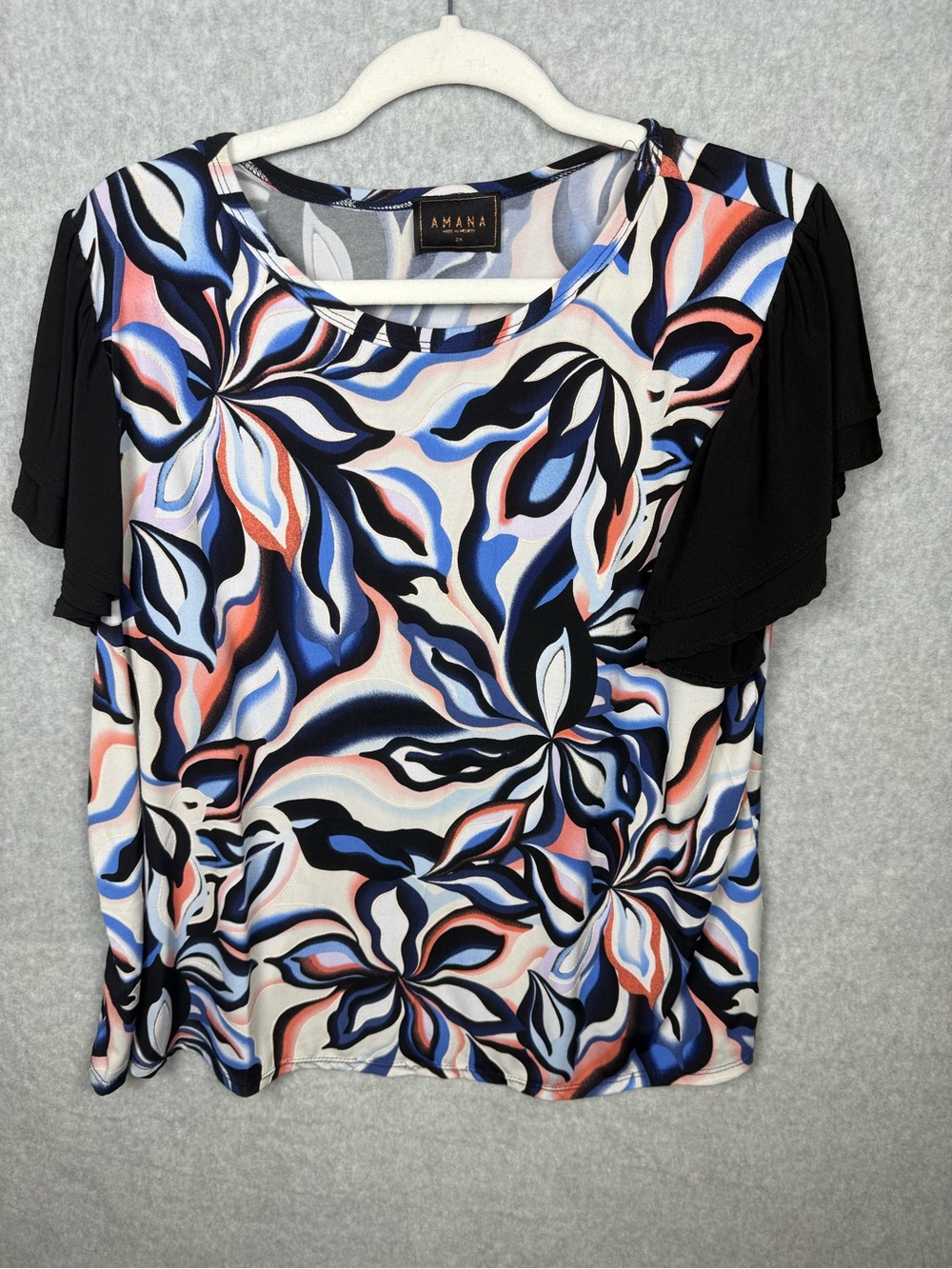 Amana Mexico 2X Abstract Floral Flutter Sleeve Blouse Plus Size FLAW